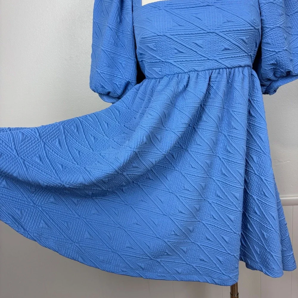 Free People Violet Puff Sleeve Mini Dress Blue Babydoll Textured‎ Matelasse Knit